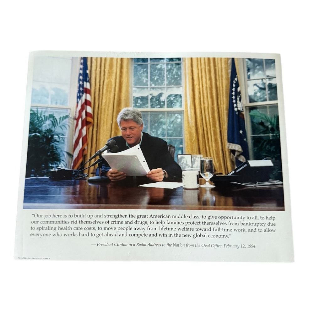 Vintage Bill Clinton Oval Office Photo Print 1994 Radio Address Quote 90s Art